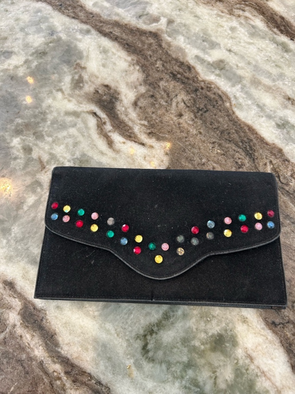 Vintage Lady Rustan Black Suede Envelope Clutch with Multicolor Stud Accents